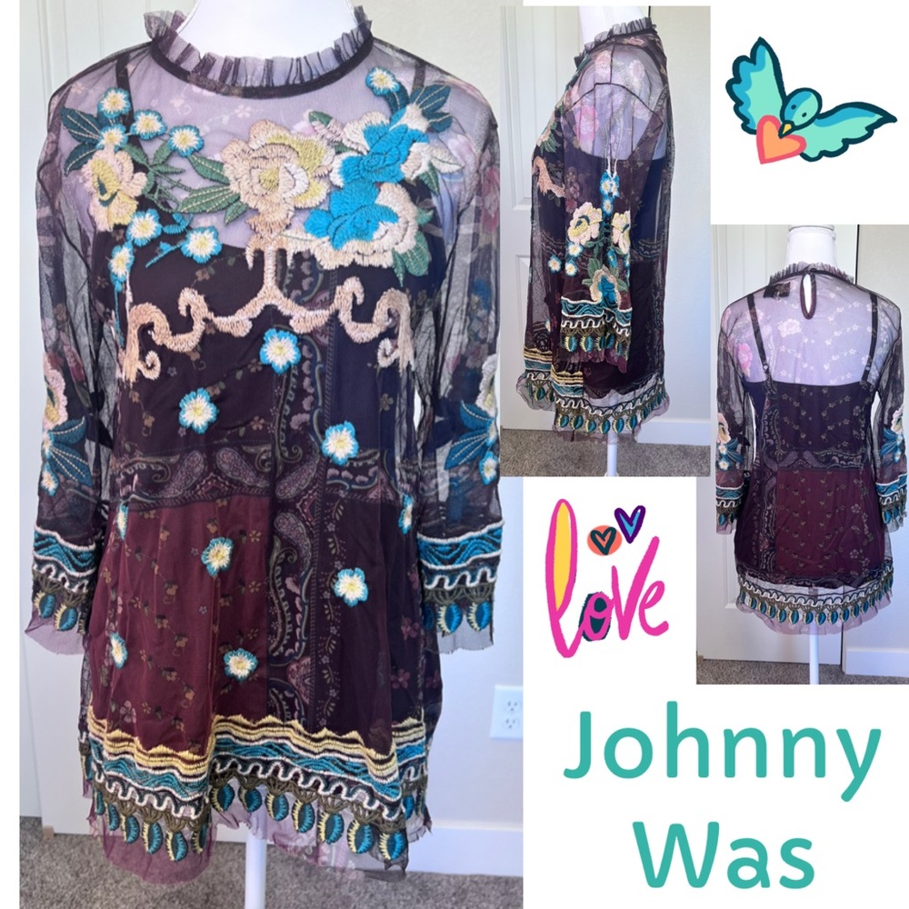 Johnny Was Renley Mesh Blouse Sheer Floral Embroidered & Tank Sz XS